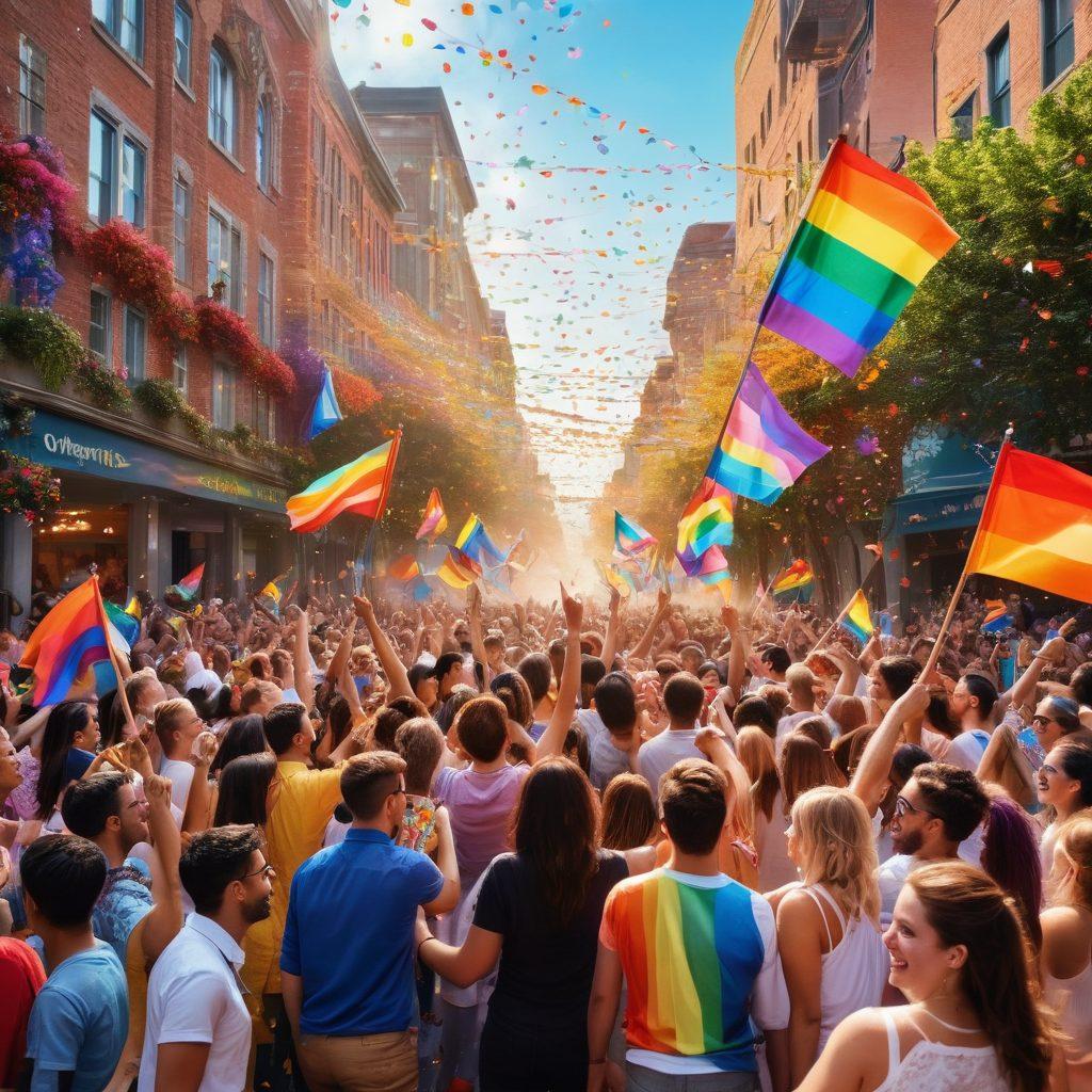 A vibrant parade scene full of colorful flags and joyful people celebrating LGBTQ+ pride, with a diverse group of individuals showcasing love and unity. Incorporate elements like a rainbow backdrop and symbols of inclusivity, surrounded by flowers and sparkling confetti in the air, representing a celebration of rights and culture. Capture the essence of empowerment and diversity in an upbeat and festive atmosphere. super-realistic. vibrant colors. 3D.