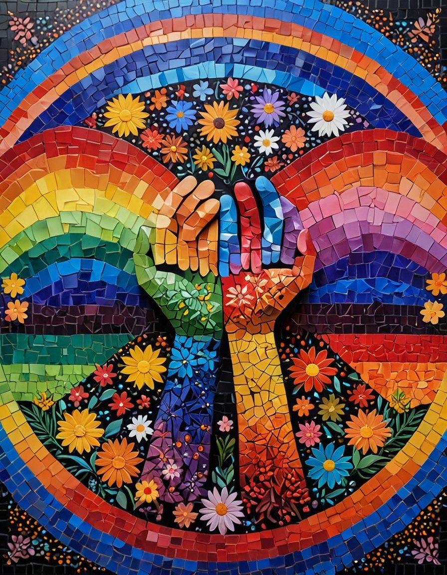 A colorful mosaic representing a diverse range of LGBTQ+ identities, featuring various symbols like rainbows, gender symbols, and diverse characters holding hands, celebrating love and unity. The background is filled with an explosion of colors, accentuating the vibrancy of diversity. Include elements like flowers and art motifs that symbolize acceptance and pride. super-realistic. vibrant colors. 3D.