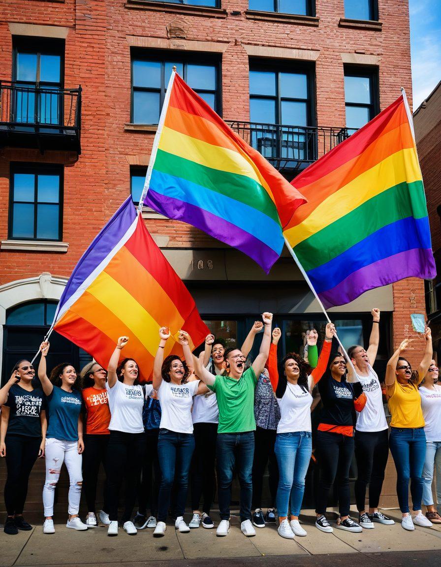 A vibrant mural depicting diverse queer activists passionately engaging in a rally, with rainbow flags waving in the air. Show symbols of unity, love, and progress, such as intertwined hands and cultural icons across the background. Include a bustling cityscape that reflects modern culture’s evolution. The image should be filled with dynamic colors and energy, inviting the viewers to feel the excitement of change. super-realistic. vibrant colors.